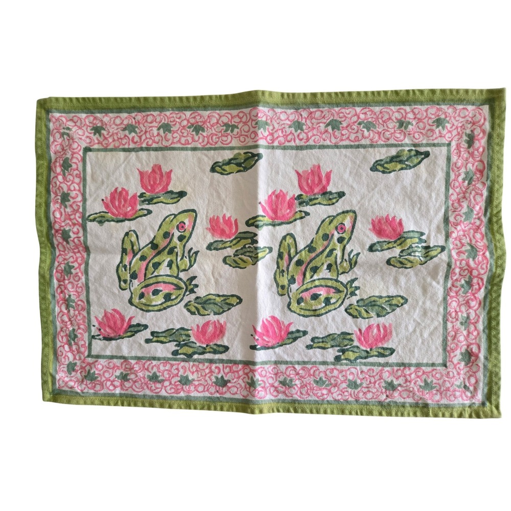 Pomegranate 13x19 Placemats Green Pink Frog Lotus Block Print Set of 3